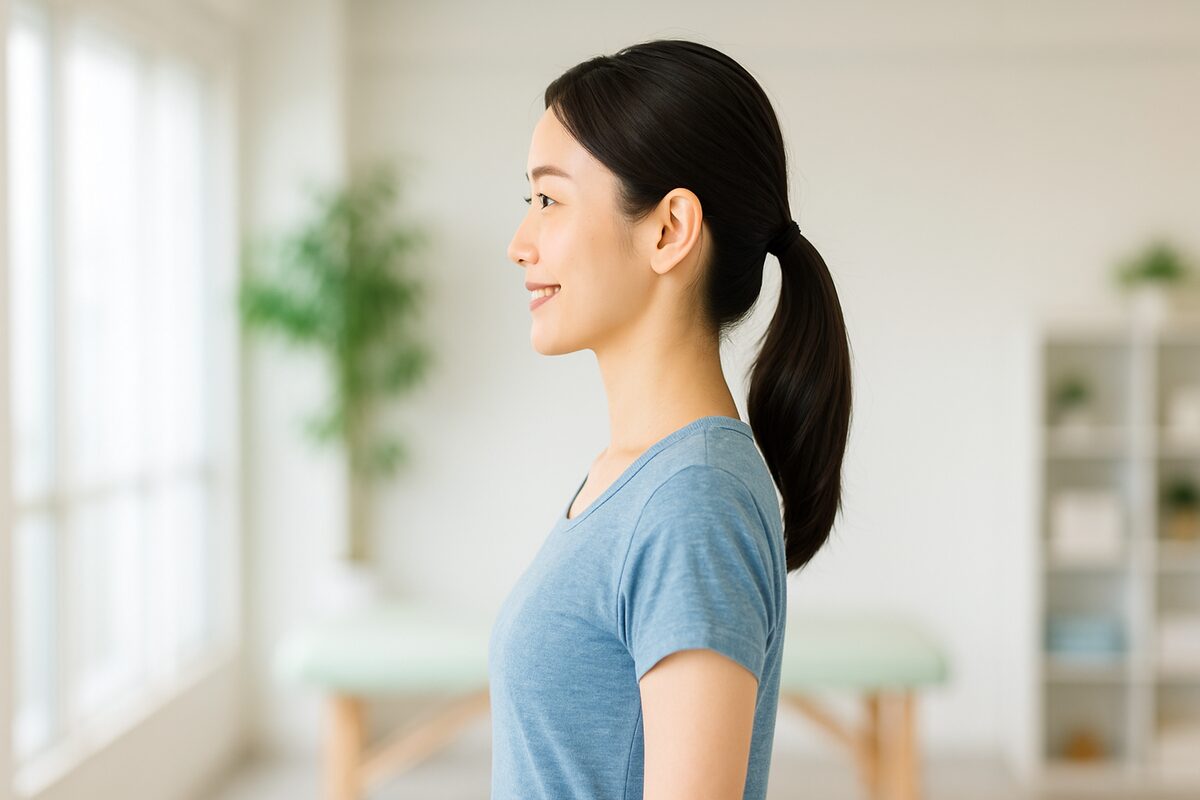 猫背矯正で姿勢が整い胸が開いた女性の横向き写真｜船橋 整体・坂口カイロプラクティック整体院｜DRT整体でやさしく姿勢ケア