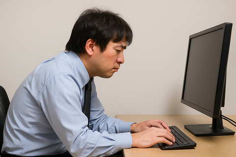 猫背の姿勢でパソコン作業をする男性会社員。長時間のデスクワークで肩の痛みの原因になりやすい状態を表した写真