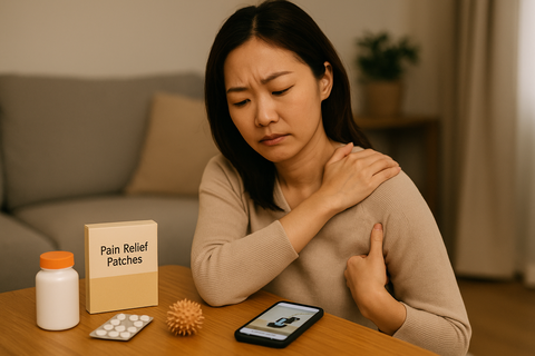 湿布や痛み止め、ストレッチ動画を前に肩の痛みの対処法に悩む女性のイメージ写真