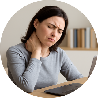 ノートパソコンの前で首に手を当て、首の痛みと頭の重さに悩んでいる女性のイメージ写真｜船橋で肩こり・首のつらさに悩む方へ
