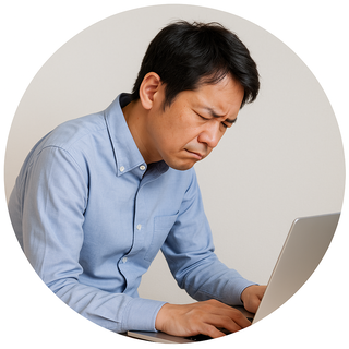 ノートパソコンに前のめりで向かい猫背になり、肩から背中・腰に負担がかかっている日本人男性のイメージ写真