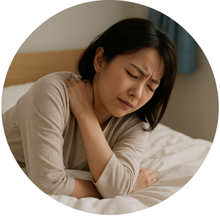 肩の痛みで眠れずベッドの上で肩を押さえ、つらそうな表情を浮かべる女性のイメージ写真｜睡眠の質低下に悩む船橋エリアの方へ