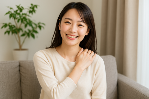 肩に手を添えて明るい笑顔を見せる日本人女性のイメージ写真｜肩の軽さを実感している様子
