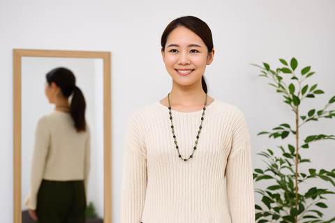 猫背矯正で姿勢が整い笑顔で立つ女性のイメージ写真