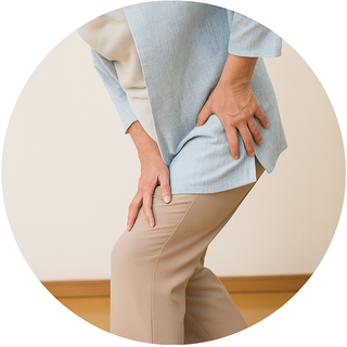 股関節の痛みをかばって腰や膝にも負担が出ている女性のイメージ写真