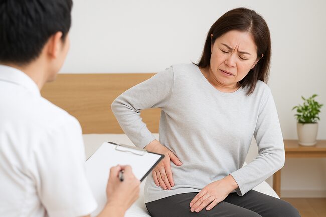 股関節の痛みの原因を相談し、足のつけ根付近を押さえる女性のイメージ写真
