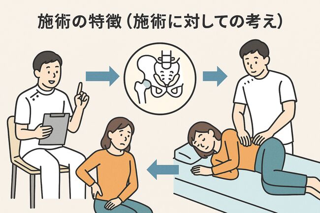 股関節の痛みに対して、カウンセリング→原因の整理→やさしい施術までの流れを示した整体院のイラスト