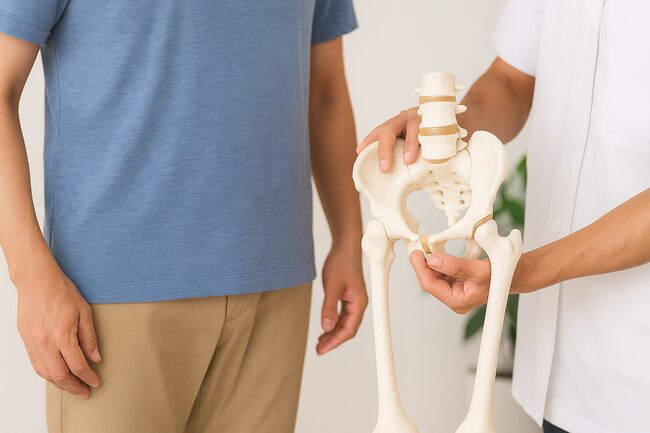 股関節の仕組みを骨盤模型で説明し、痛みの出方をイメージしやすくする写真