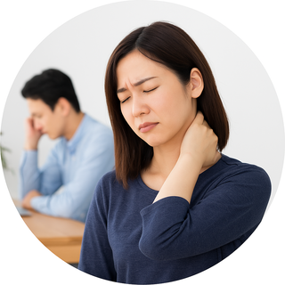 ストレートネックによる首こりと頭の重さで仕事に集中できない女性のイメージ写真