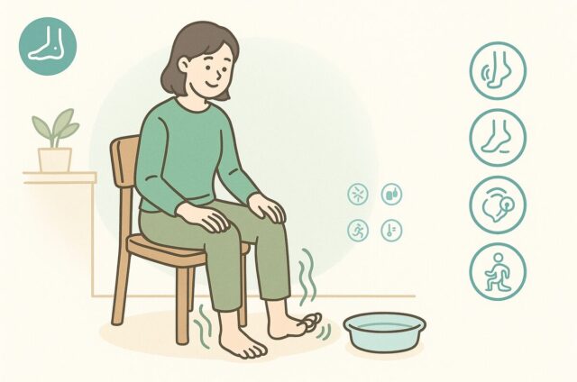 立ち仕事の足だるさ対策｜船橋の整体院が提案する帰宅後5分ケアのイラスト（足指・ふくらはぎ・足首のやさしい循環ケア）