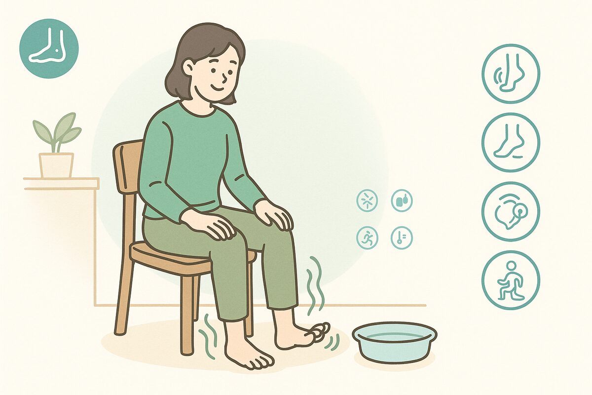 立ち仕事の足だるさ対策｜船橋の整体院が提案する帰宅後5分ケアのイラスト（足指・ふくらはぎ・足首のやさしい循環ケア）