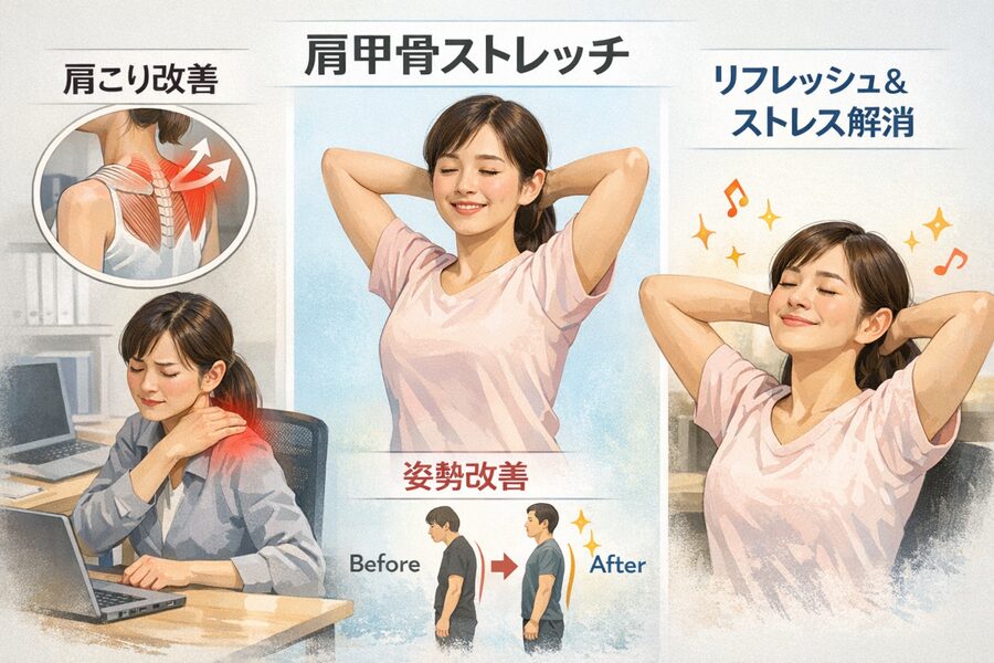 肩甲骨ストレッチの効果(肩こり改善・姿勢改善・リフレッシュ)を示すイラスト