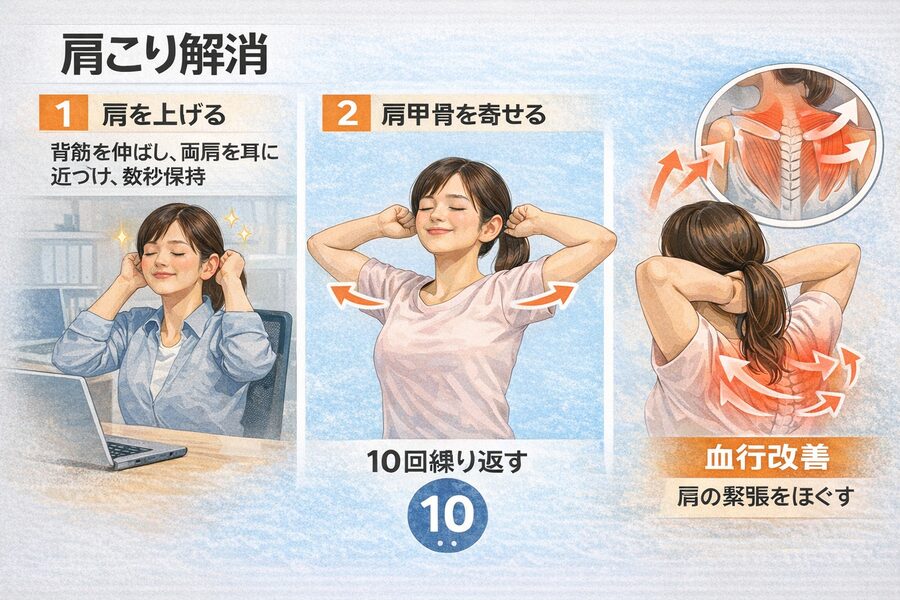 肩甲骨ストレッチで肩こりを和らげる方法(背筋を伸ばして肩を上げ、肩甲骨を寄せる動き)