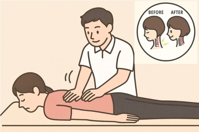 ストレートネックのケアとしてDRT整体で背骨をやさしく揺らし整える男性施術者と首のカーブが変化するビフォーアフターイラスト