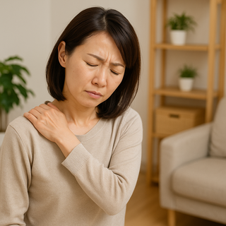 船橋で肩の痛みに悩む40代女性が肩に手を当ててつらそうにしている様子